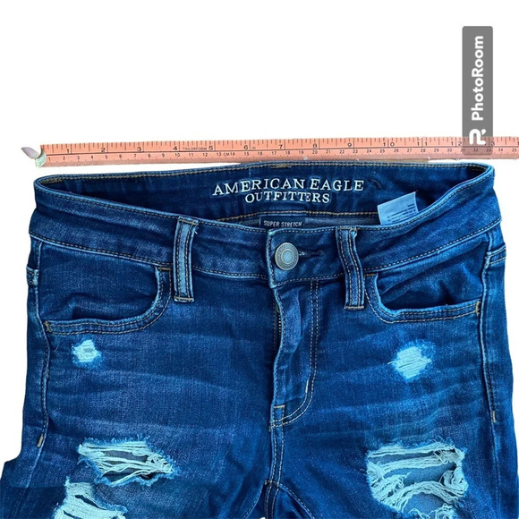 AMERICAN Eagle Dark Wash Jegging Crop Mid Rise Skinny distressed Jeans  Size 0 - Picture 10 of 12